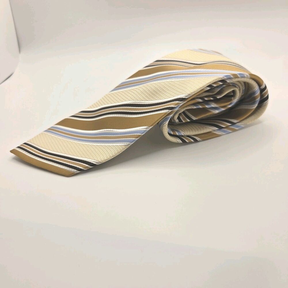 Bergamo New York Mens Tie Gold Tan Light Blue Wavy Diagonal Stripes Polyester